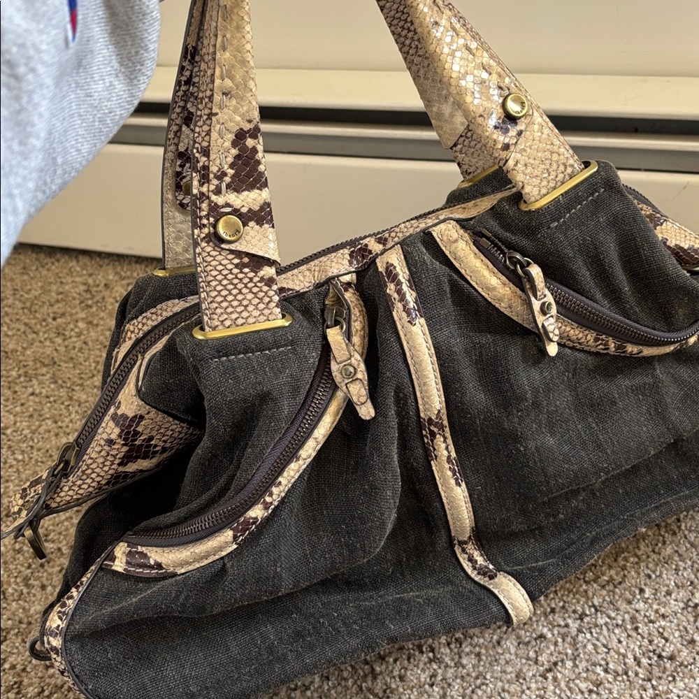 Vintage THEORY denim/canvas genuine snake skin slouchy shoulder bag - Picture 8 of 9